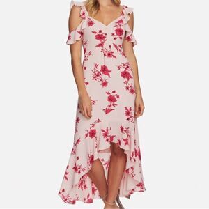 CECE Secret Blush Floral Spring Bouquet Ruffled
Hi Low Maxi Dress Size Large